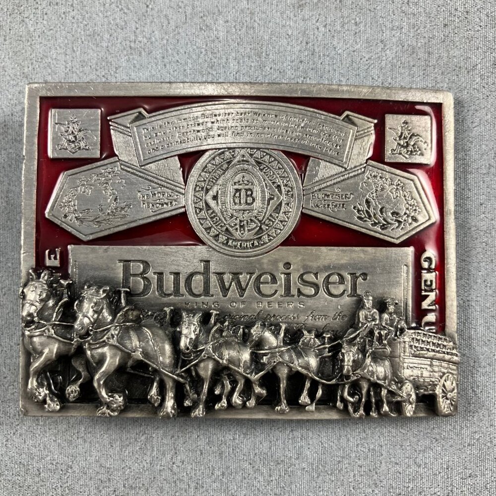 Western Belt Buckle Budweiser King of Beers Clydesdale Horses Wagon Pewter Red